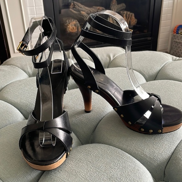 7 For All Mankind Black Leather Sandals with Wooden Ombré Heels - Picture 1 of 16
